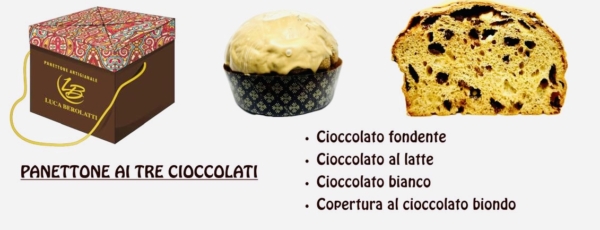 scatola, panettone e fetta di panettone ai tre cioccolati