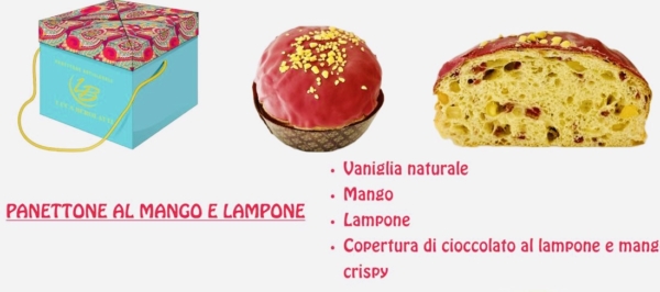 scatola, panettone e fetta di panettone al mango e lampone